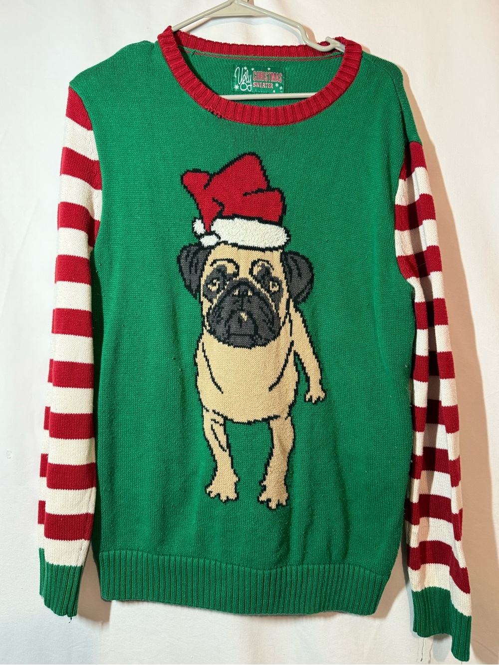 Ugly Christmas Sweater Pug Dog Santa Hat Green Candy Cane Stripe Size M
